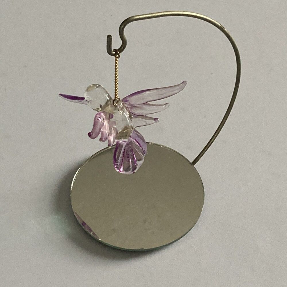 Hummingbird-purple & Clear on Glass Mirrored Stand Decorative Vintage 1990s
